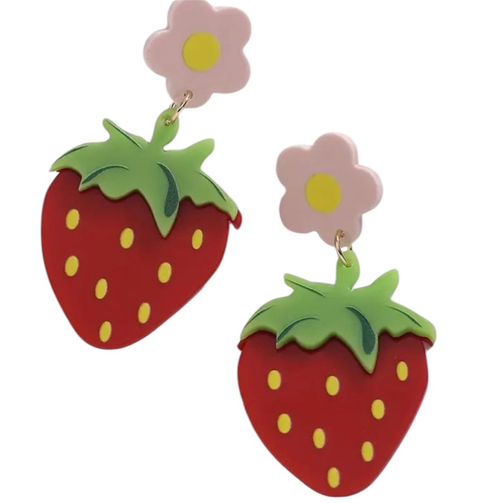 Red Strawberry Floral Acrylic Dangle Earrings